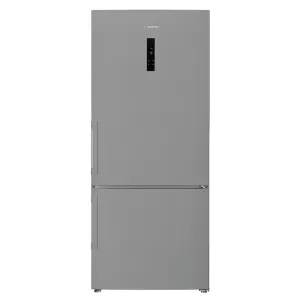 Tall grey Ariston refrigerator with two compartments (top and bottom) and vertical handles on the left side.