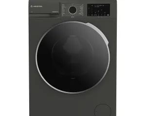 Front-loading Ariston washing machine with a large circular door and digital control panel on top front