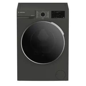 Front-loading Ariston washing machine with a large circular door and digital control panel on top front
