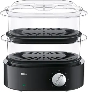 Electric three-tier steam cooker with clear bowls and a black base, featuring a front control dial for temperature/time.