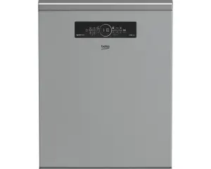 dada-0751 - مؤسسة العبقري الصغير للتجارة الالكترونية Stainless steel freestanding dishwasher with a black control panel near the top and a circular display, brand name Beko visible on the front.