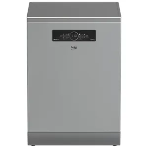 Stainless steel freestanding dishwasher with a black control panel near the top and a circular display, brand name Beko visible on the front.
