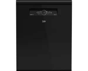 Front view of a black Beko dishwasher with the control panel near the top center on the door surface.