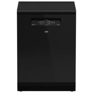 Front view of a black Beko dishwasher with the control panel near the top center on the door surface.