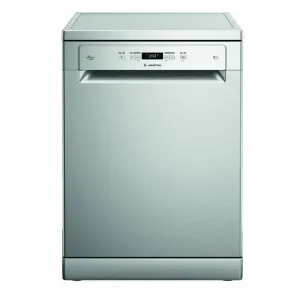 Stainless steel freestanding dishwasher with a control panel on the top front and a brushed metal finish