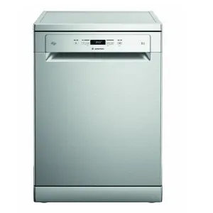 Front view of a stainless steel dishwasher with a control panel at the top front and a recessed handle area at the door