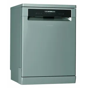 Front view of a teal Ariston dishwasher with a black control panel at the top and a closed door.