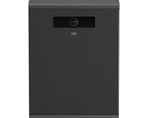 Dark gray freestanding dishwasher with a slim digital control panel on the top front and brand logo in the center bottom area (Beko).
