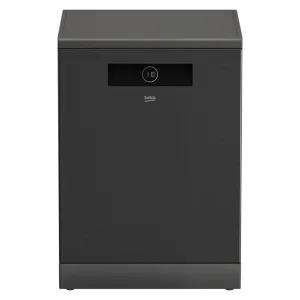 Dark gray freestanding dishwasher with a slim digital control panel on the top front and brand logo in the center bottom area (Beko).