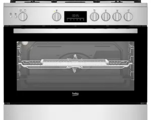 Stainless steel freestanding gas range with five burner knobs and a digital display, open oven door showing rack inside.