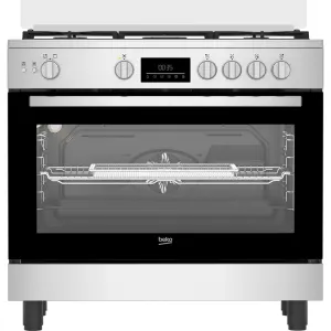 Stainless steel freestanding gas range with five burner knobs and a digital display, open oven door showing rack inside.