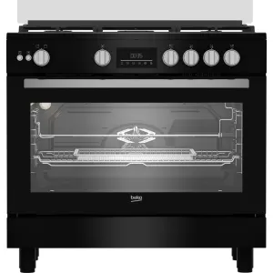 Black freestanding gas range with glass oven door, five control knobs, digital display, and a lower storage drawer (Beko appliance).