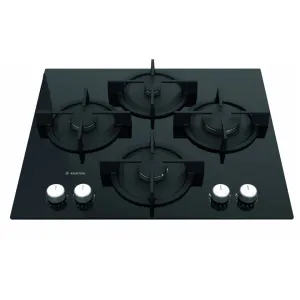 Black glass gas cooktop with four burners and white control knobs at the front, Ariston brand visible on left.