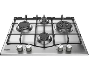 Stainless steel gas cooktop with four burners and front control knobs on a flat countertop surface.
