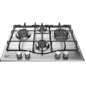 Stainless steel gas cooktop with four burners and front control knobs on a flat countertop surface.