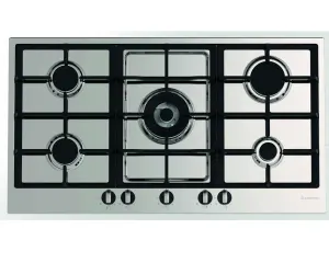 Stainless steel gas cooktop with five burners and black grate, control knobs along the front.