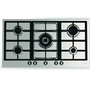 Stainless steel gas cooktop with five burners and black grate, control knobs along the front.