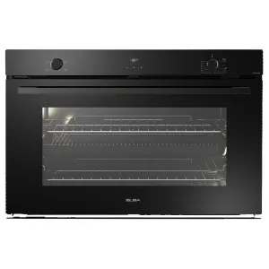 Black built-in electric oven with a clear glass door, metal racks inside, ELBA branding visible on the front.