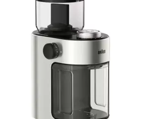 Braun coffee grinder with a clear bean hopper on top and a large transparent ground container below.