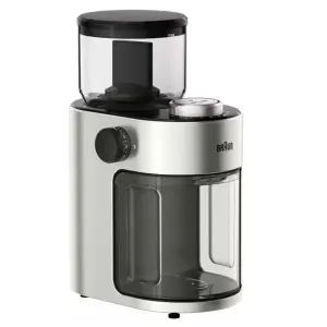Braun coffee grinder with a clear bean hopper on top and a large transparent ground container below.