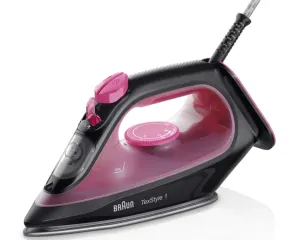 Braun TexStyle 1 steam iron in black with pink water tank and dial, shown at an angle on a white surface.