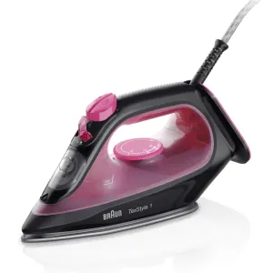 Braun TexStyle 1 steam iron in black with pink water tank and dial, shown at an angle on a white surface.
