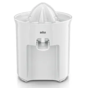 White Braun electric citrus juicer with a conical reamer on top and a built-in spout on the front.