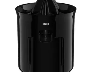 Black Braun countertop electric citrus juicer with reamer on top and juice spout at the front.