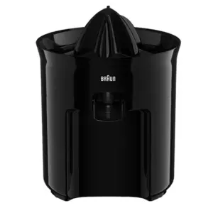 Black Braun countertop electric citrus juicer with reamer on top and juice spout at the front.