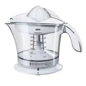 Clear glass blender with a white base labeled Braun Multiquick 3, showing measurement marks on the jug and a lid attachment.