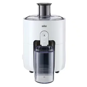 White vertical slow juicer with a clear juice container attached, Braun logo on the body, and a top feed chute.