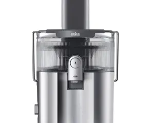 dada-0775 - مؤسسة العبقري الصغير للتجارة الالكترونية Braun stainless steel juicer with wide feed chute and transparent juice bowl, front control knob visible.