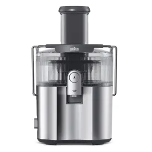 Braun stainless steel juicer with wide feed chute and transparent juice bowl, front control knob visible.
