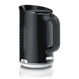 Black electric kettle with brushed chrome base, textured handle, and water level gauge on the side (1.7L).