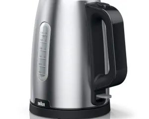 dada-0777 - مؤسسة العبقري الصغير للتجارة الالكترونية Brushed stainless steel electric kettle with black handle and base, side water-level gauge visible (1.7 L).