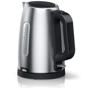 Brushed stainless steel electric kettle with black handle and base, side water-level gauge visible (1.7 L).