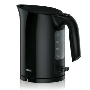 Black cordless electric kettle by Braun with a curved handle and side water-level display showing measurements up to 1.0L max.