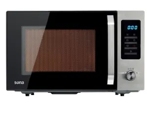 dada-0779 - مؤسسة العبقري الصغير للتجارة الالكترونية Sona countertop microwave oven with black glass door, stainless steel control panel, and digital timer display 0:00 on the right.