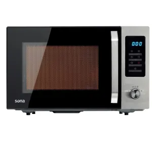 Sona countertop microwave oven with black glass door, stainless steel control panel, and digital timer display 0:00 on the right.