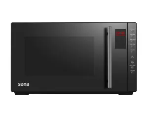 Black Sona microwave with a vertical silver handle, digital display, and keypad on the right side.