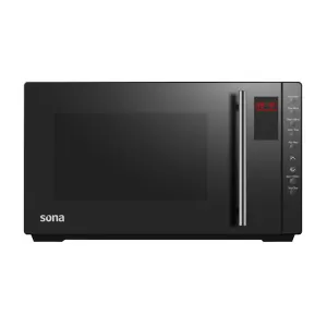 Black Sona microwave with a vertical silver handle, digital display, and keypad on the right side.