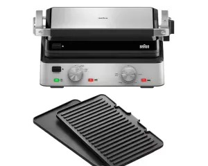 dada-0781 - مؤسسة العبقري الصغير للتجارة الالكترونية Braun electric contact grill with ribbed grilling plate and drip tray for indoor grilling.