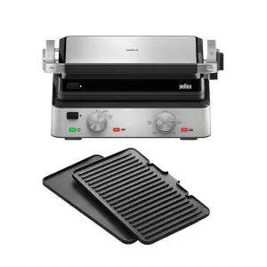Braun electric contact grill with ribbed grilling plate and drip tray for indoor grilling.