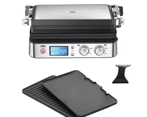 Braun contact grill with a top clamshell plate, digital controls, and removable grilling plates for paninis.