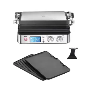 Braun contact grill with a top clamshell plate, digital controls, and removable grilling plates for paninis.