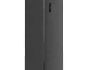 Black stainless steel side-by-side refrigerator with a vertical divider and a digital control panel on the right door.