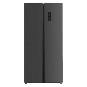 Black stainless steel side-by-side refrigerator with a vertical divider and a digital control panel on the right door.