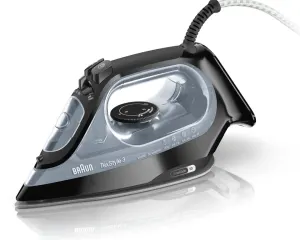 Braun TexStyle 3 steam iron with a dial, water reservoir, and power cord shown from a side angle on a white background
