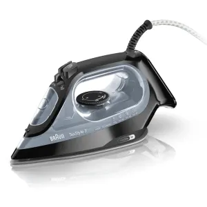 Braun TexStyle 3 steam iron with a dial, water reservoir, and power cord shown from a side angle on a white background