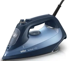 Braun TexStyle 7 Pro steam iron in blue with corded handle, viewed from the side.